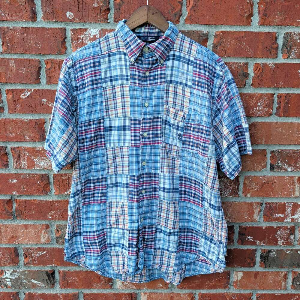 Nautica Patchwork Madras Shirt Mens M Blue Plaid Short Sleeve Button Down